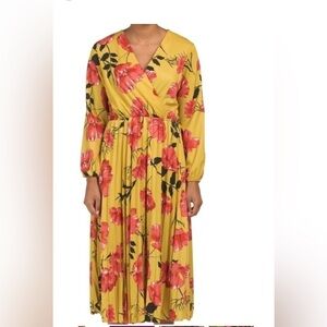 Elegant Floral Long Sleeve Dress in Mustard and Red made in Italy